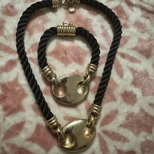 Elegant Gold Accent and Black Rope Necklace & Bracelet Set